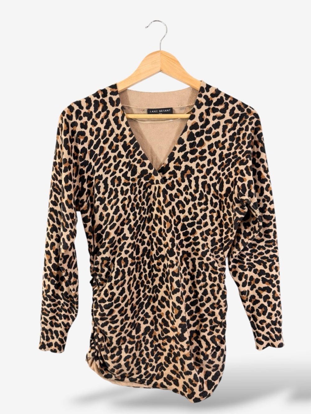 Lane Bryant Leopard Print V-Neck Sweater 14/16 Ruched Sides Casual Lightweight